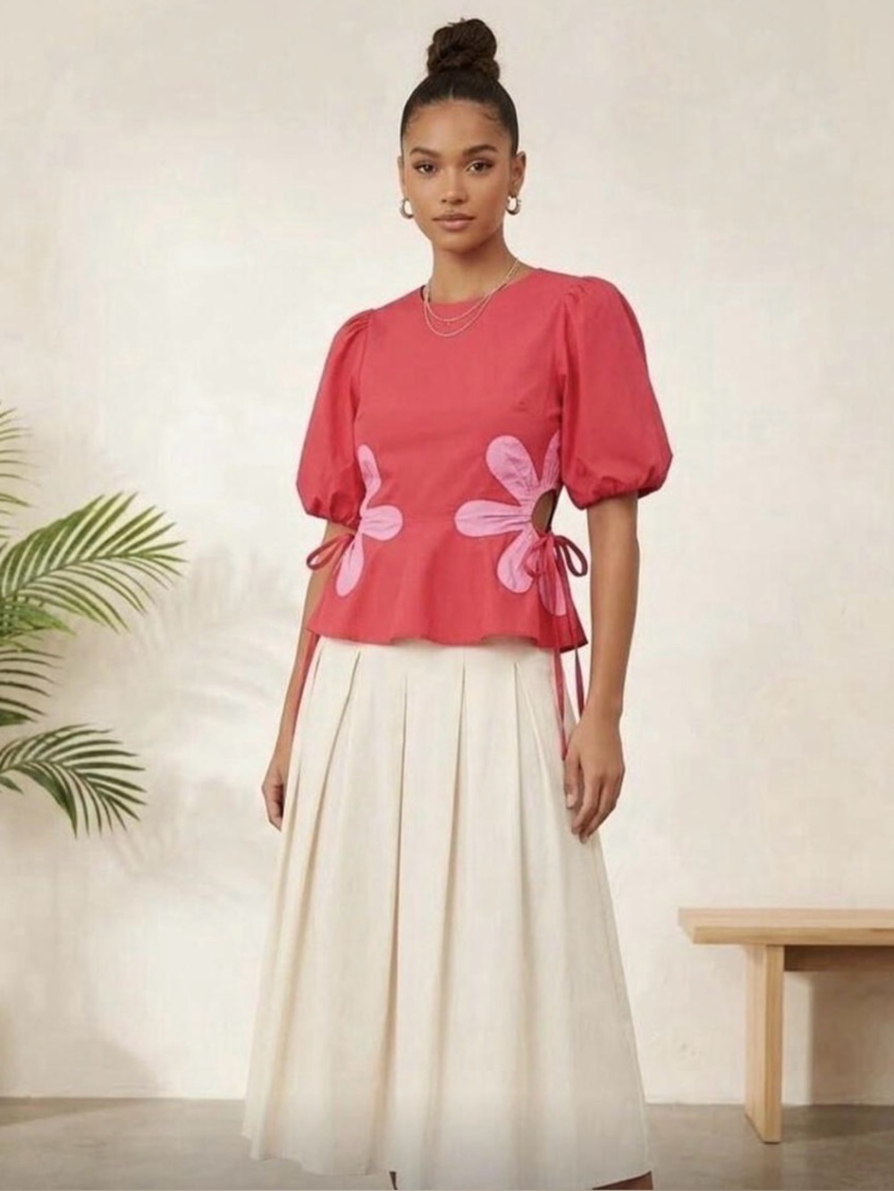 Red Puff-Sleeve Peplum Blouse with Pink Floral Appliqué